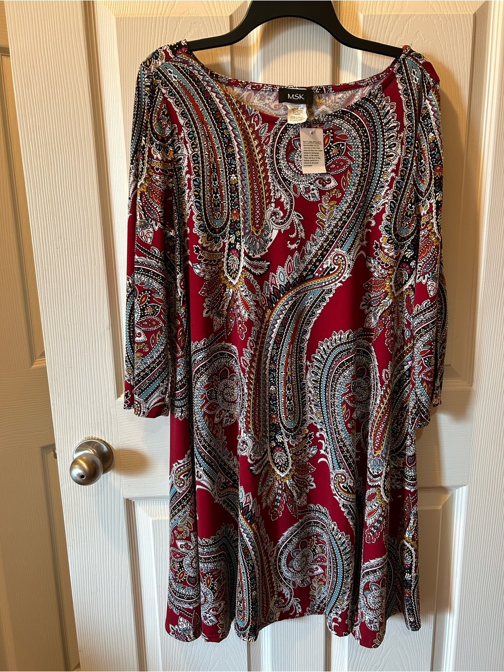 MSK Large Red Paisley 3/4 Sleeve A-Line Stretchy Dress NWT